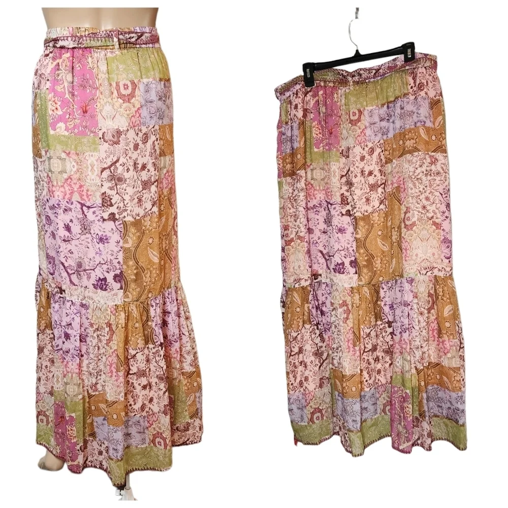 Johnny Was River Tiered Maxi Skirt Pull On Belted Silk Cotton Size XL - Picture 6 of 13